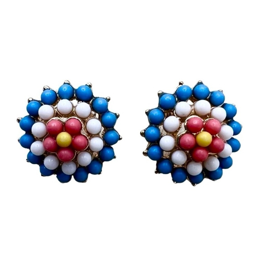 Multicolored beaded floral burst post earring on gold tone backing